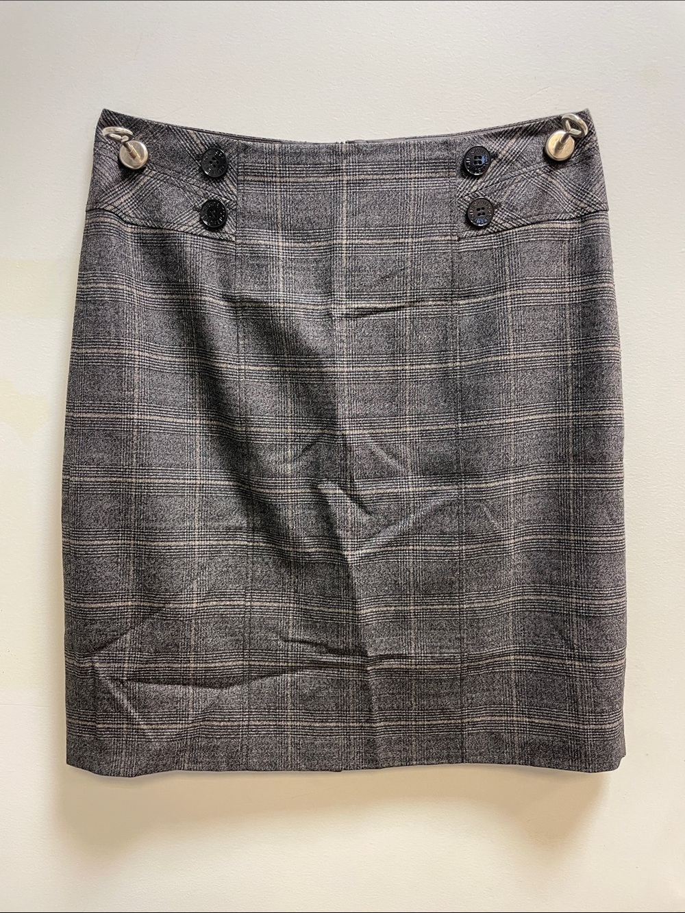 Esprit Gray Plaid Pencil Skirt with Decorative Buttons. Size 10
